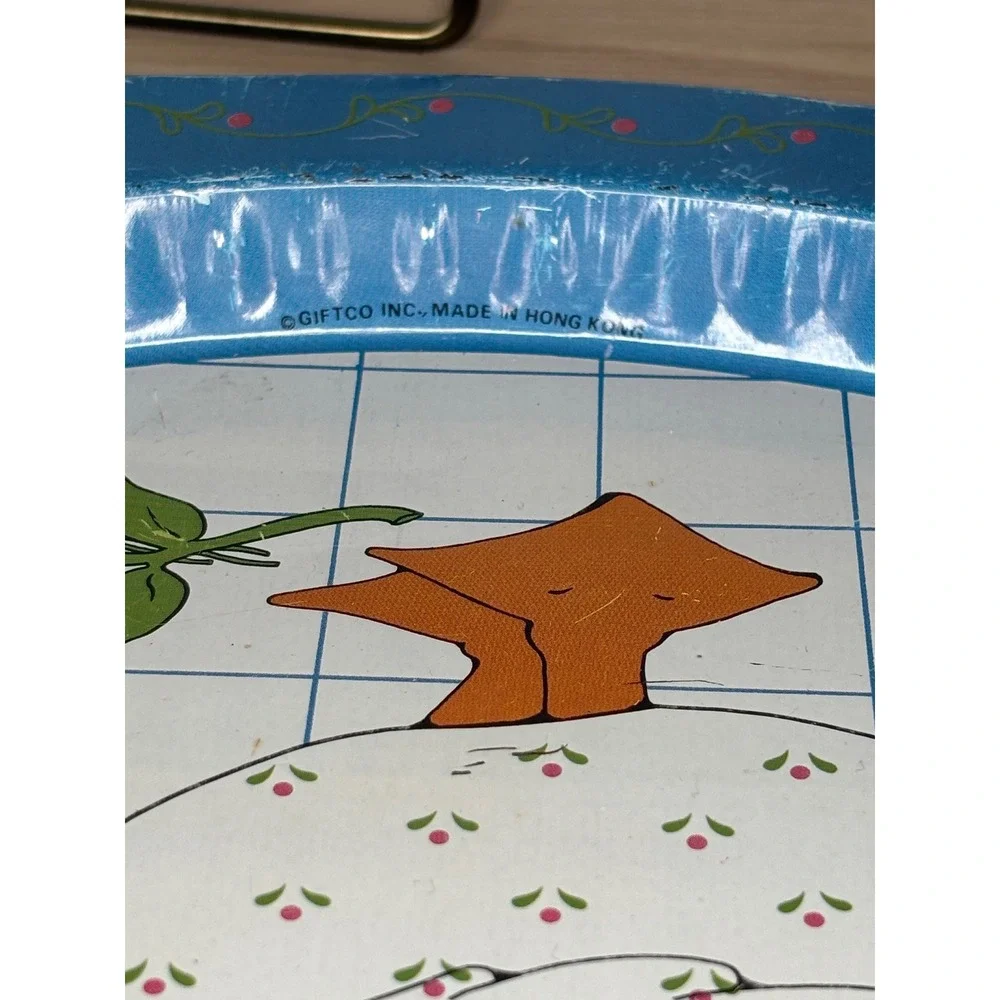 Vintage Giftco Inc Round Metal Serving Tray Goose Sun Hat Blue White Grid 13